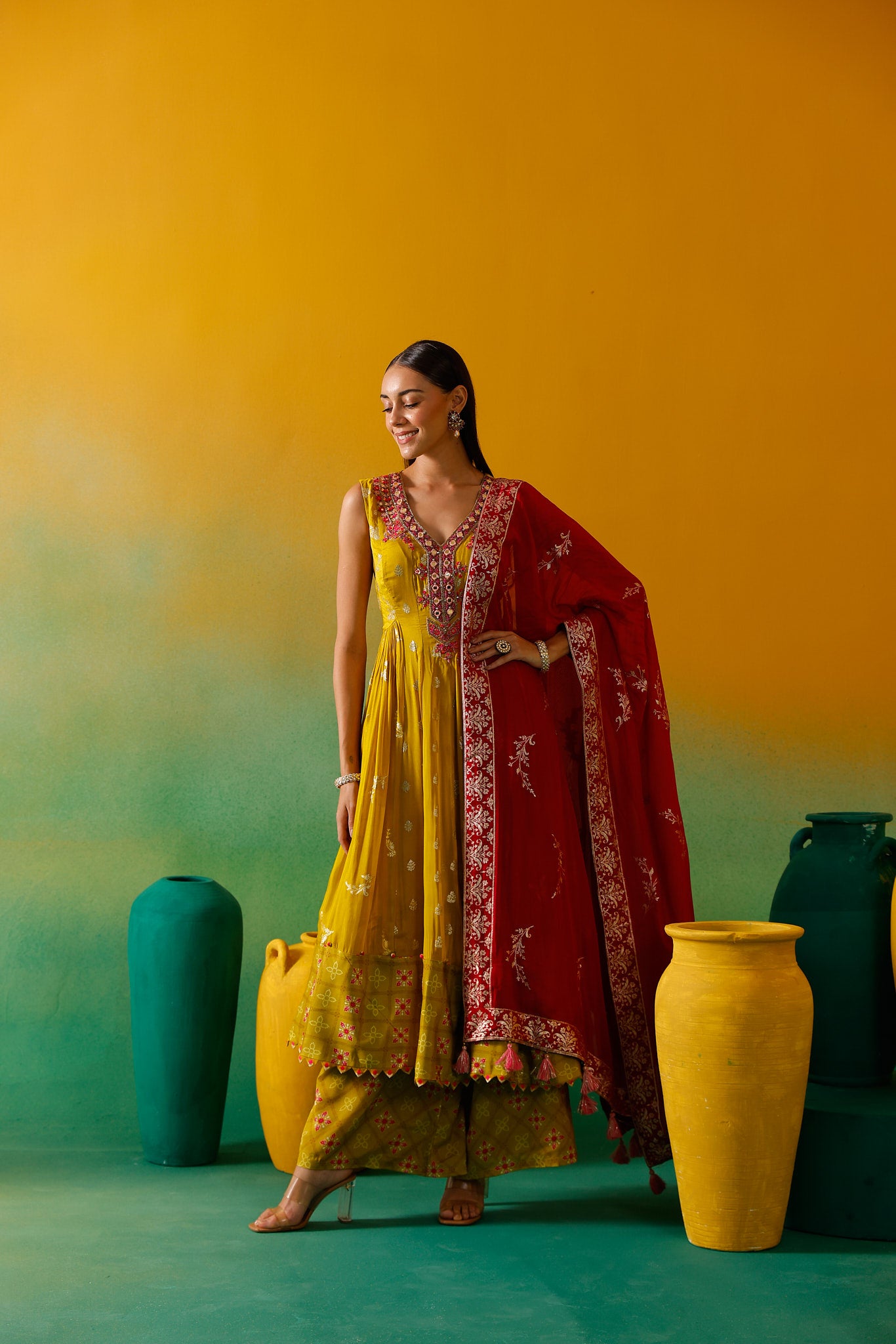 Neerus Green Embroidery Organza Fabric Anarkali Plazzo and Dupatta.