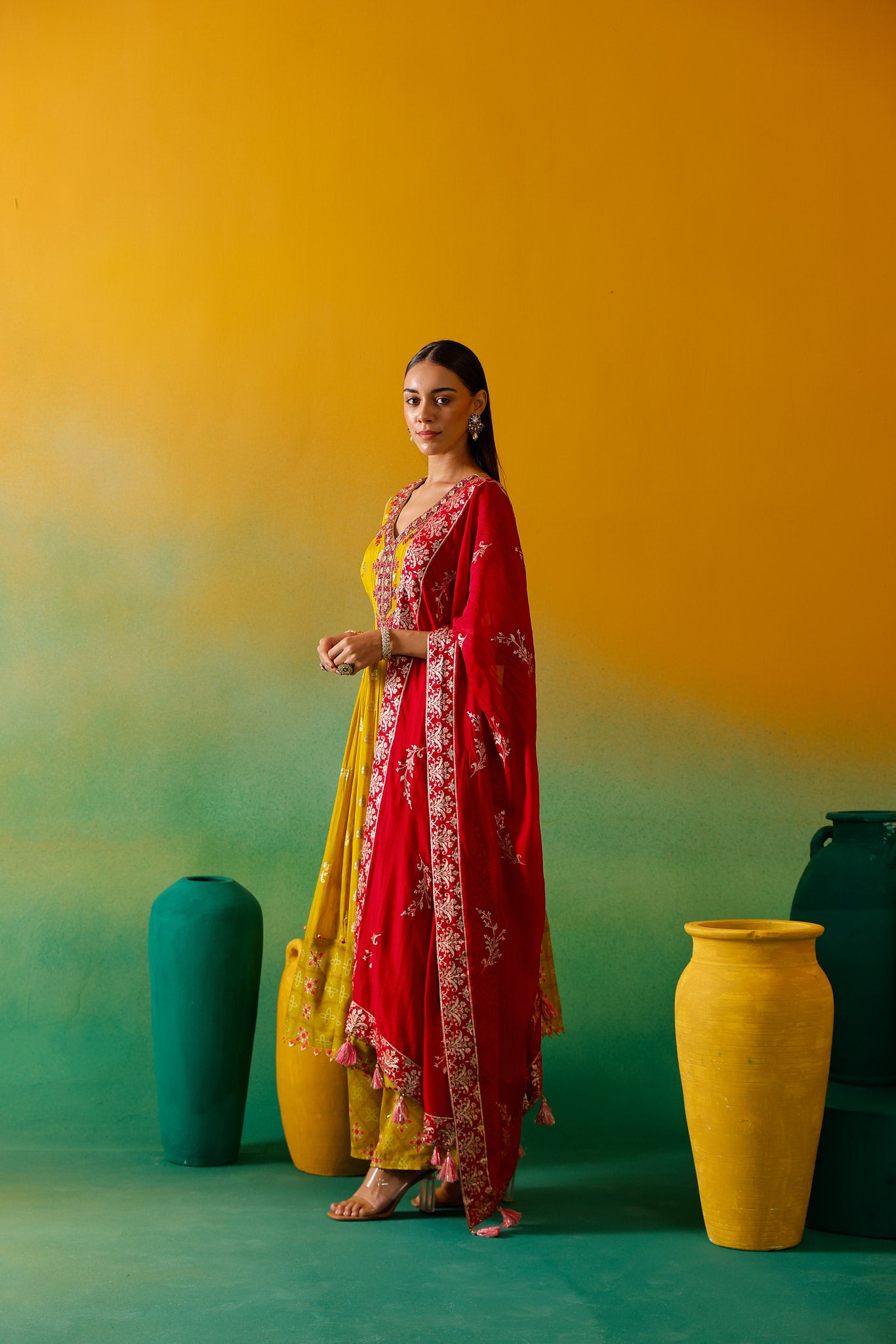 Neerus Green Embroidery Organza Fabric Anarkali Plazzo and Dupatta.