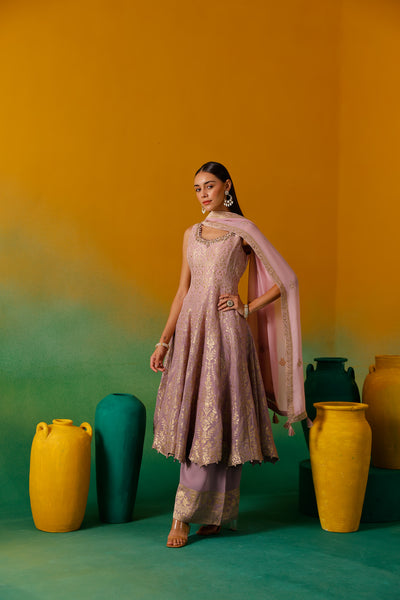 Neerus Lilac Embroidery Organza Fabric Anarkali Plazzo and Dupatta