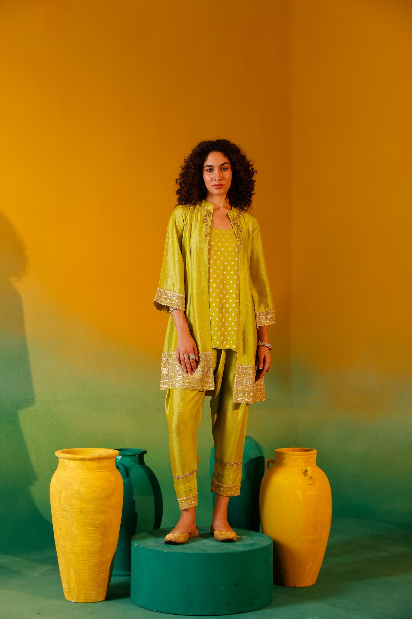 Neerus Mustard Embroidery Chinon Fabric Fusion Set.