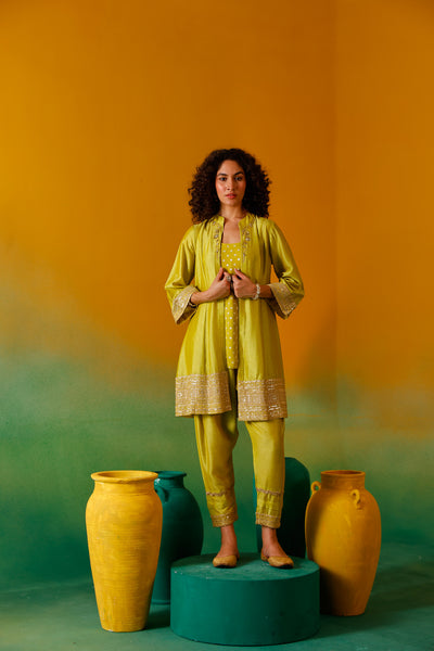 Neerus Mustard Embroidery Chinon Fabric Fusion Set.