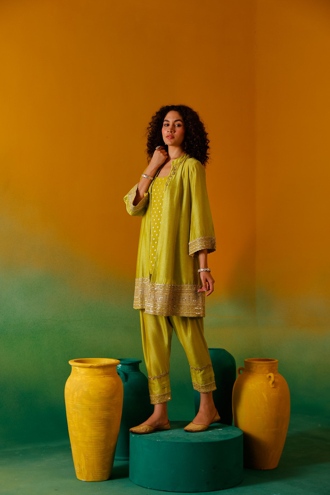 Neerus Mustard Embroidery Chinon Fabric Fusion Set.