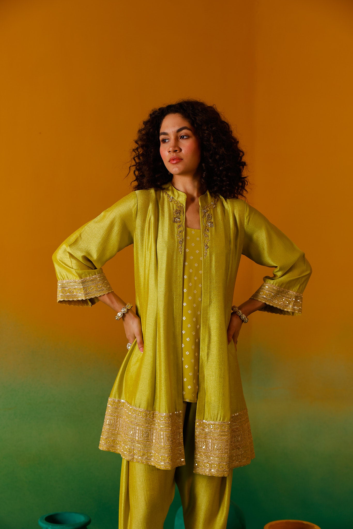 Neerus Mustard Embroidery Chinon Fabric Fusion Set.