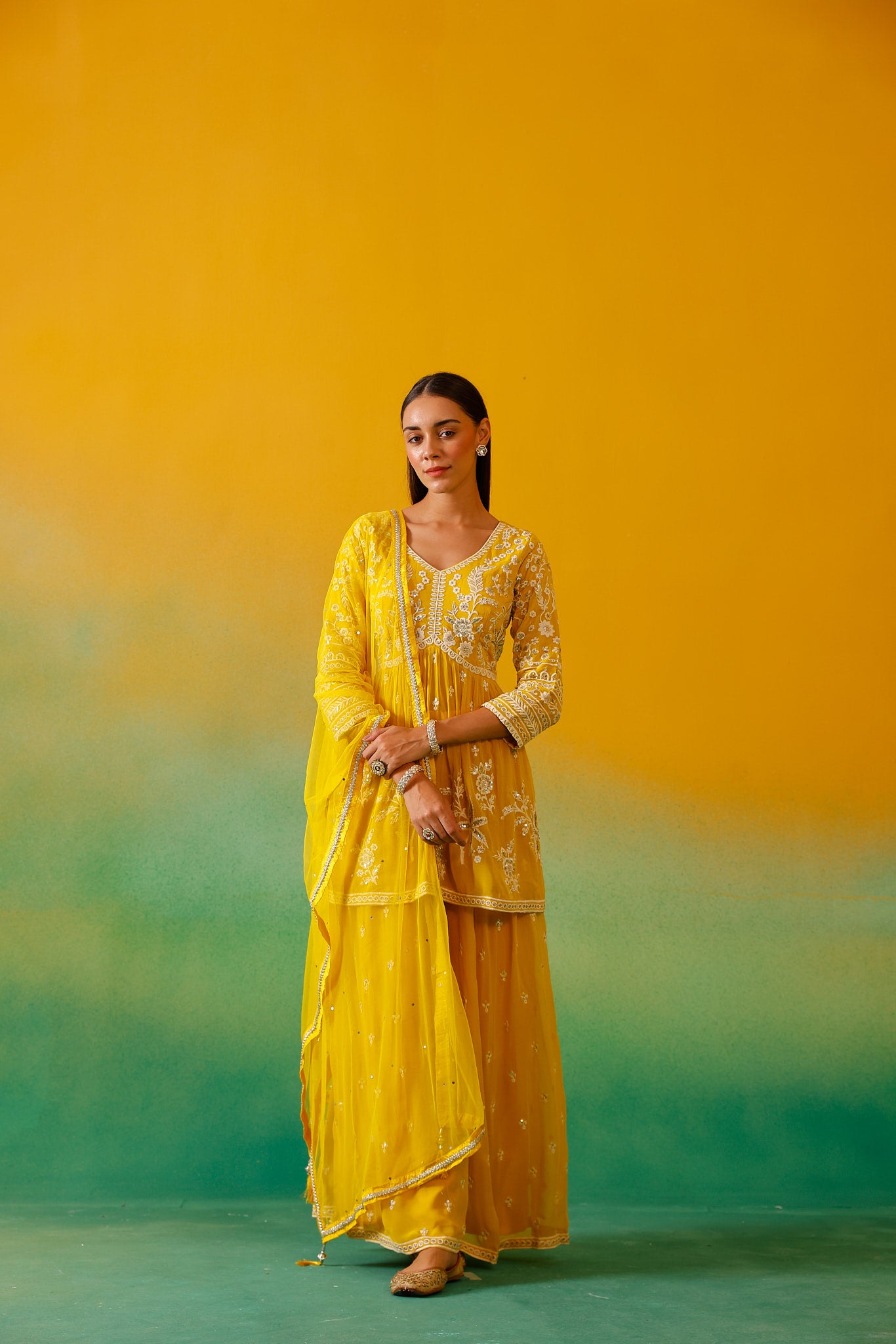 Neerus Yellow Embroidery Georgette Fabric Suit Set.