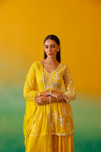 Neerus Yellow Embroidery Georgette Fabric Suit Set.