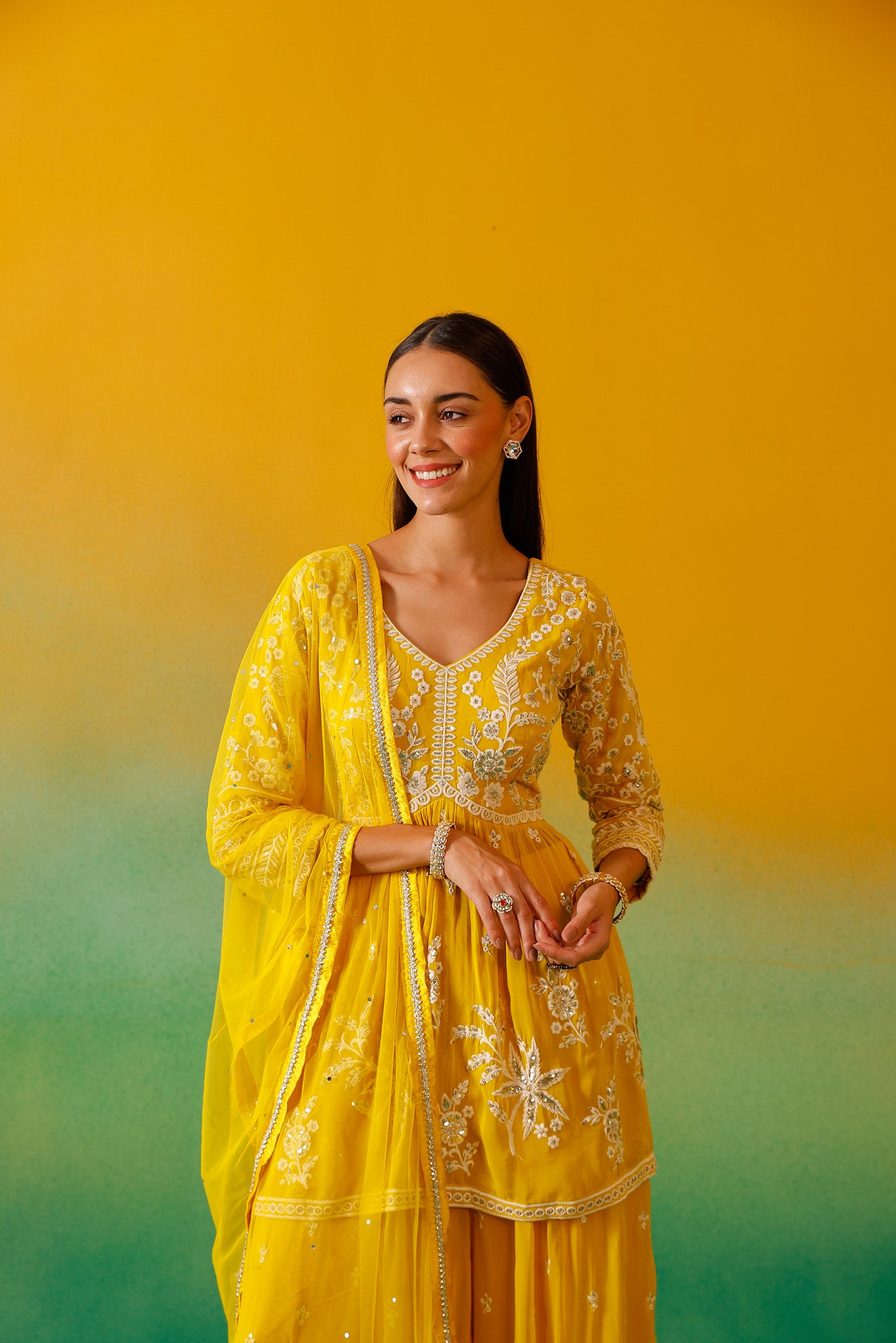 Neerus Yellow Embroidery Georgette Fabric Suit Set.