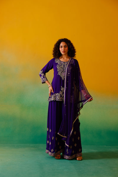 Neerus Purple Embroidery Georgette Fabric Kurti Plazzo and Dupatta