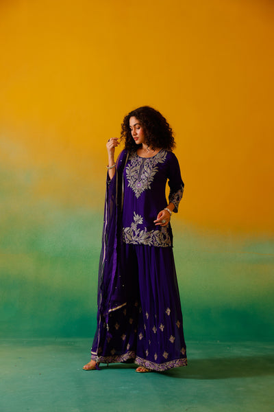 Neerus Purple Embroidery Georgette Fabric Kurti Plazzo and Dupatta