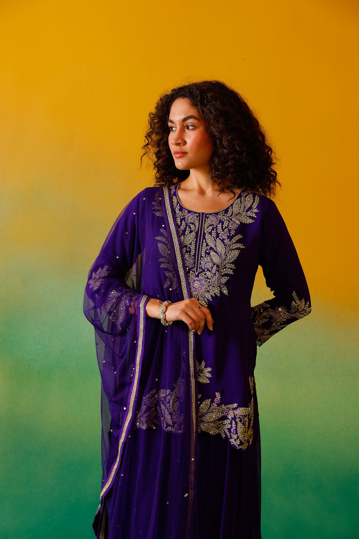 Neerus Purple Embroidery Georgette Fabric Kurti Plazzo and Dupatta