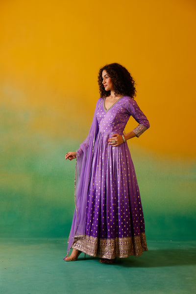 Neerus Purple Embroidery Banaras Fabric Anarkali Trouser and Dupatta