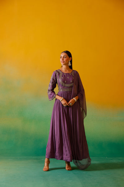 Neerus Lavender Embroidery Chinon Fabric Anarkali and Dupatta.