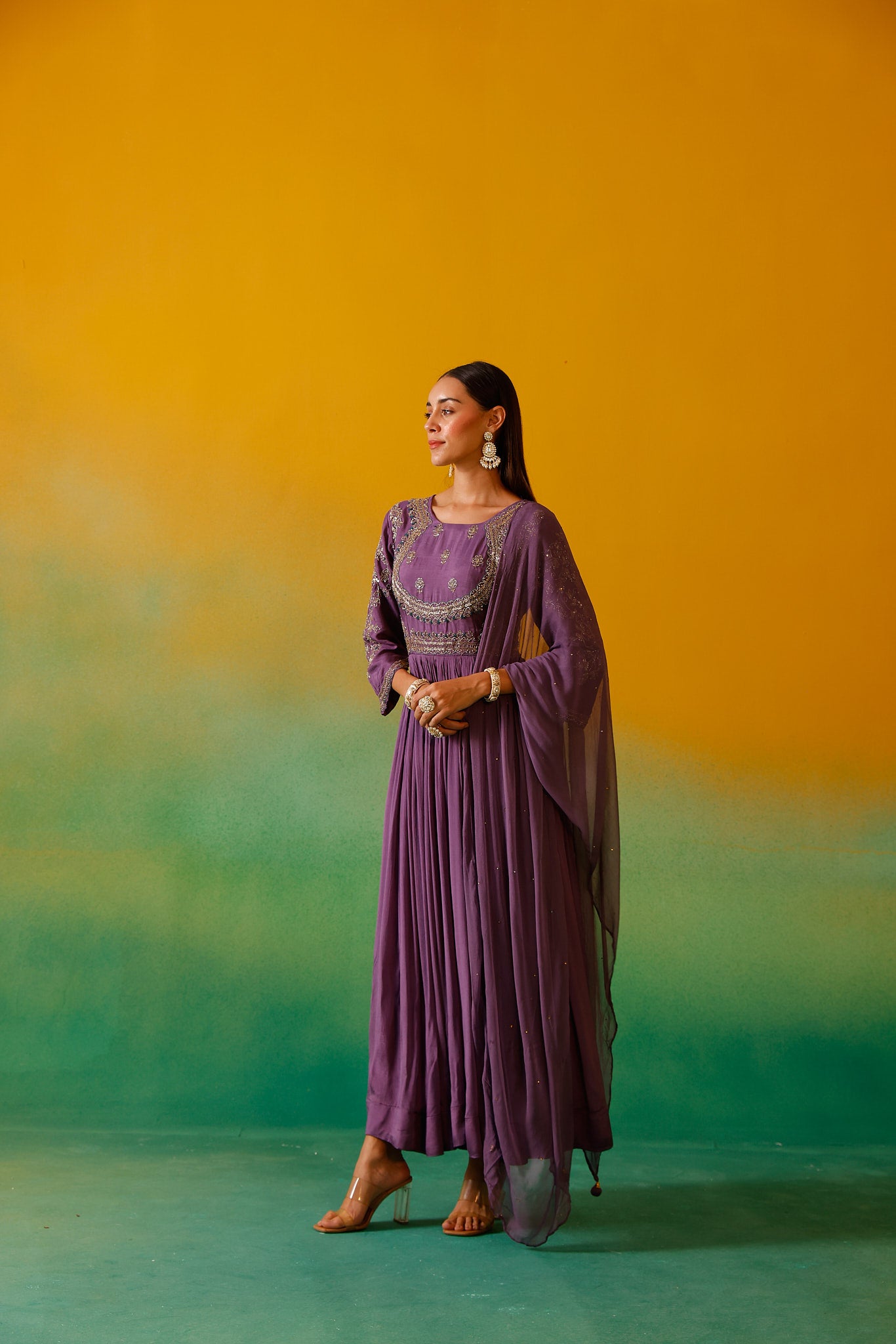 Neerus Lavender Embroidery Chinon Fabric Anarkali and Dupatta.