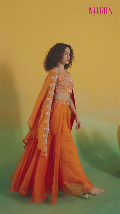 Neerus Orange Embroidery work Organza Fabric Ghagra Set