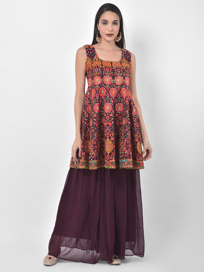 Neeru's Burgundy Embroidered Kurta With Skirt & Dupatta