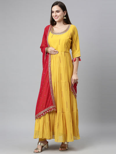 Neeru's Yellow Color Poly Georgette Fabric Kurta Sets With Dupatta