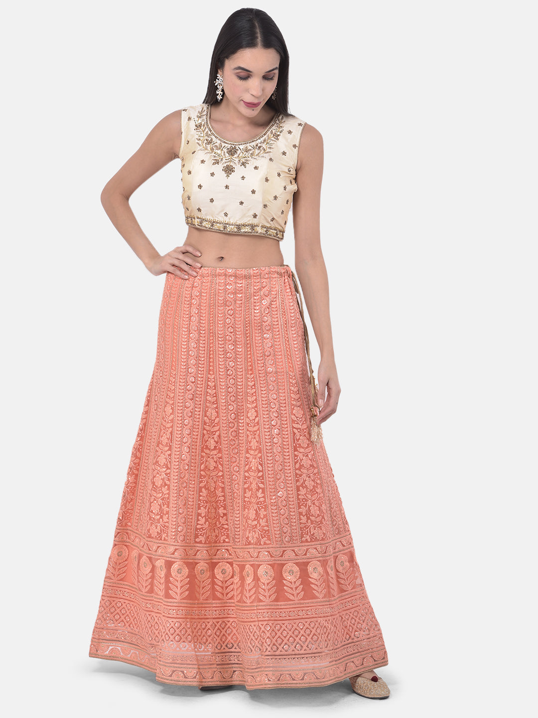 Neeru's Peach Color Nett Fabric Ghagra Set