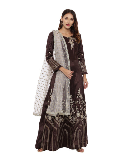 Neeru's Brown Color Silk Fabric Full Sleeves Suit-Anarkali