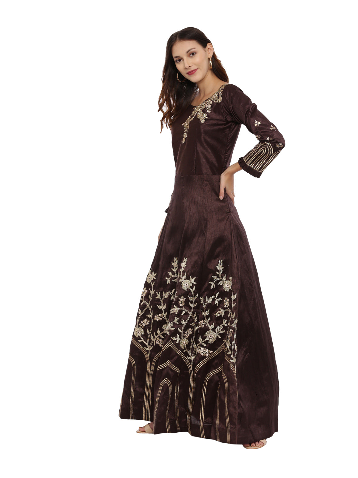 Neeru's Brown Color Silk Fabric Full Sleeves Suit-Anarkali