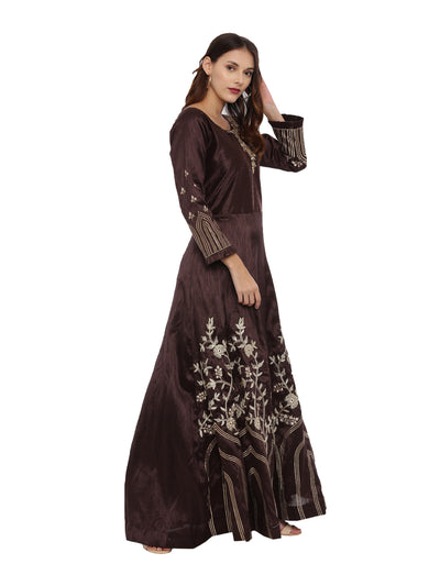 Neeru's Brown Color Silk Fabric Full Sleeves Suit-Anarkali