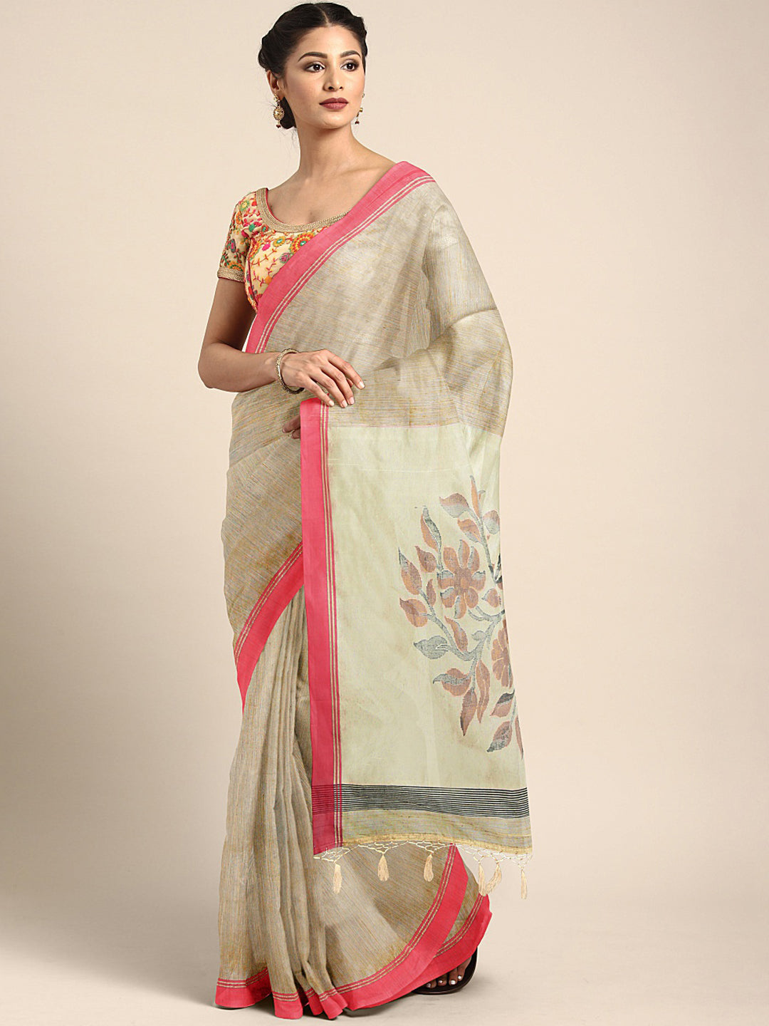 Neeru's Beige Jute Silk Solid Chanderi Saree