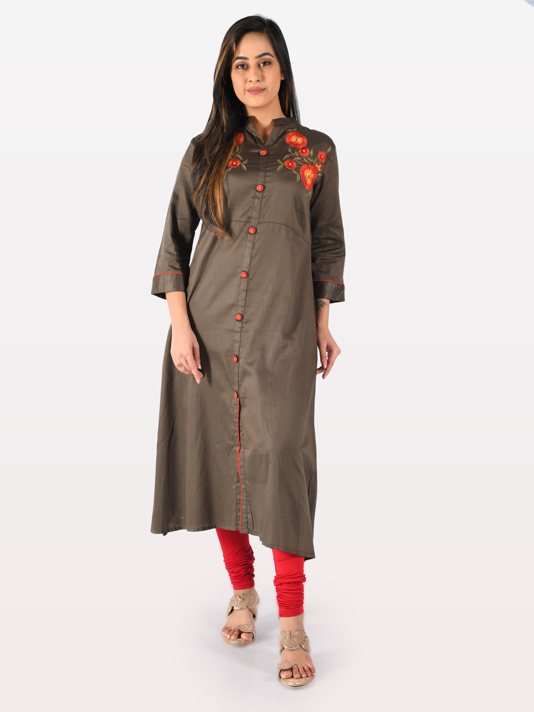 Neeru's Women Olive Green Embroidered A-Line Kurta