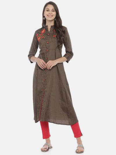 Neeru's Women Olive Green Embroidered A-Line Kurta