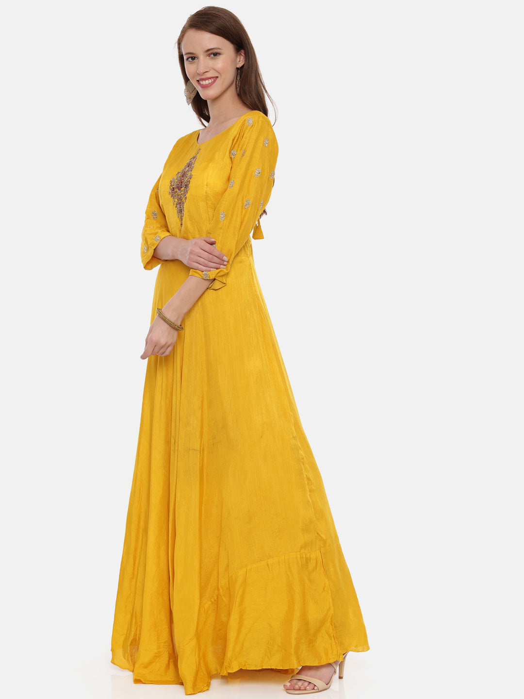 Neeru's Yellow Embroidered Kurta With Churidar & Dupatta