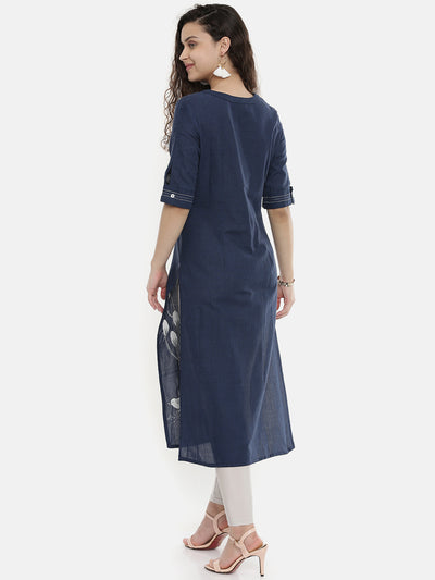 Neeru's Women Navy Blue Embroidered Straight Kurta