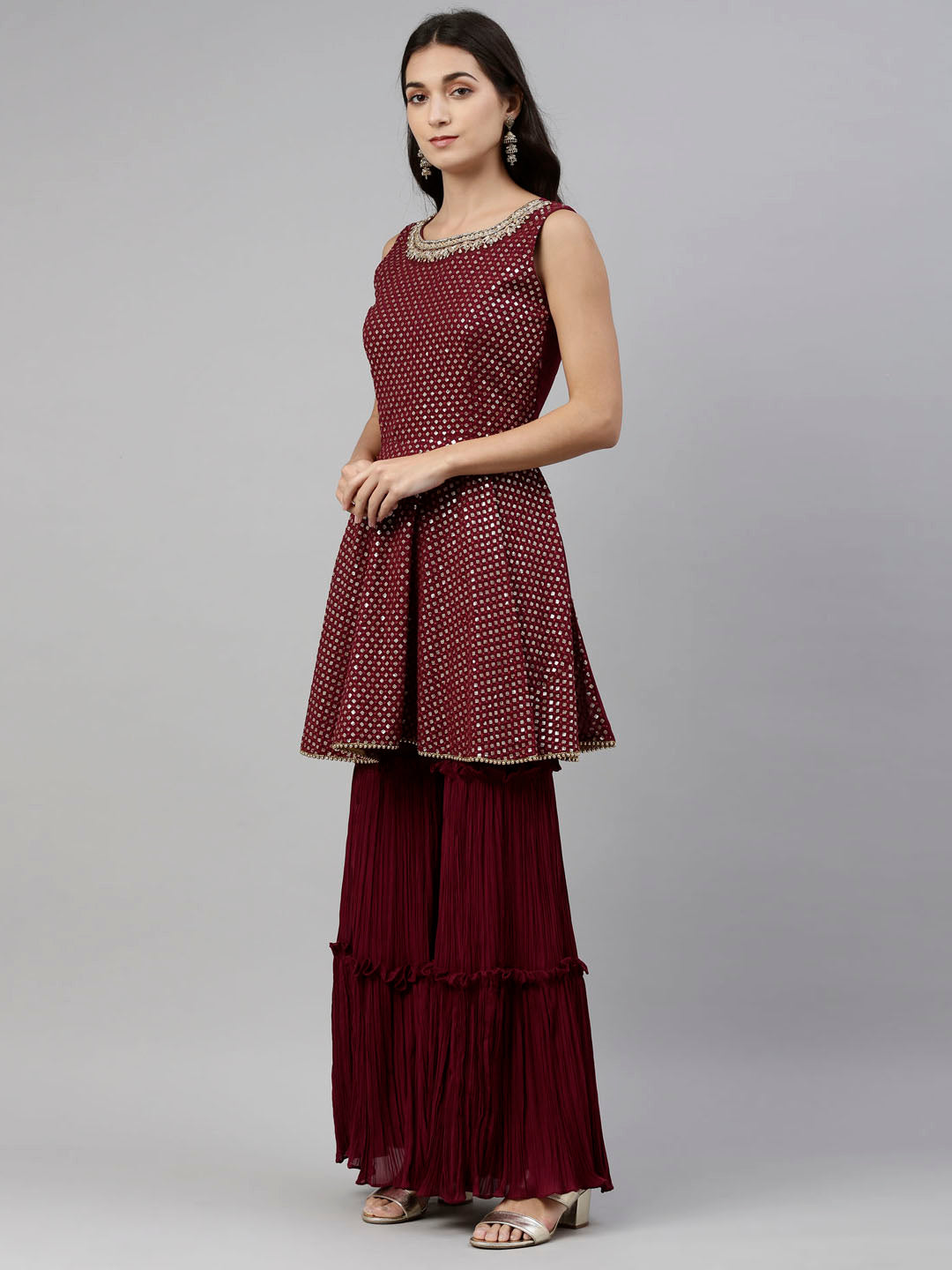 Neeru's Wine Color Georgette Fabric Suit-Short Anarkali