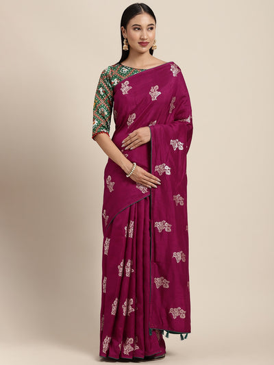 Neeru's Wine Color Banaras Fabric Saree