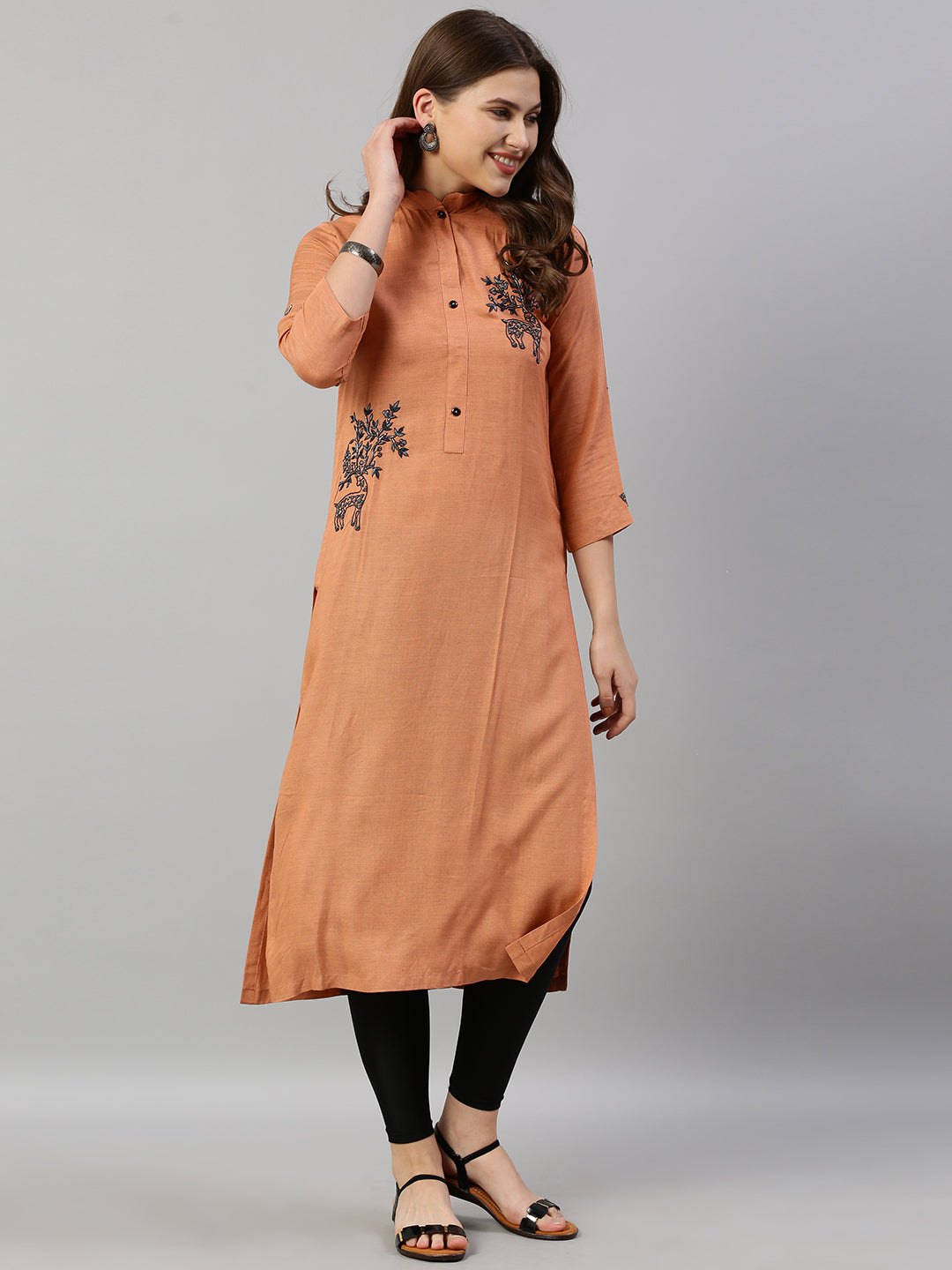 Neeru's Women Rust Orange Embroidered Straight Kurta