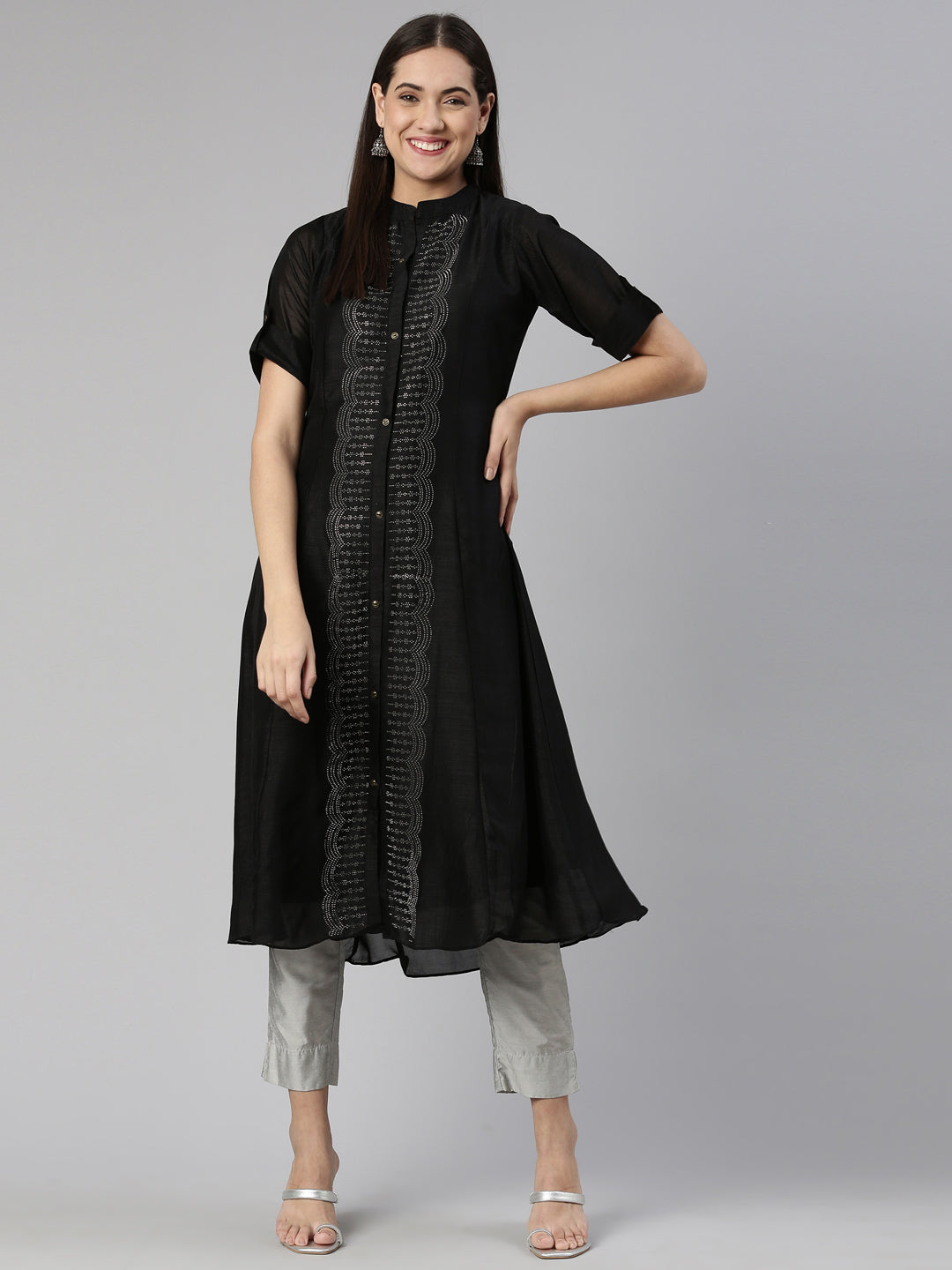 Neeru's Black Anarkali Flared Crepe Kurtas