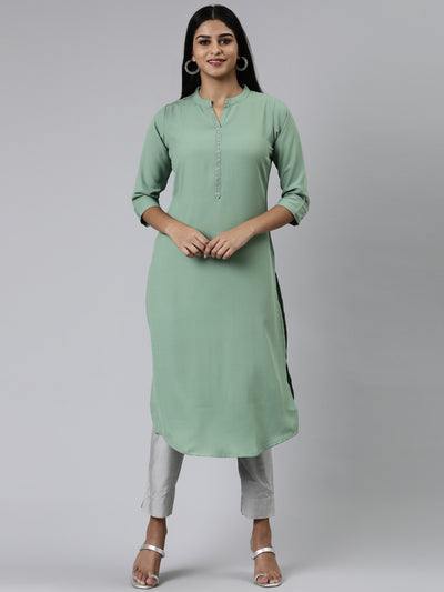 Neeru's Green Straight Solid Viscose Rayon Kurtas