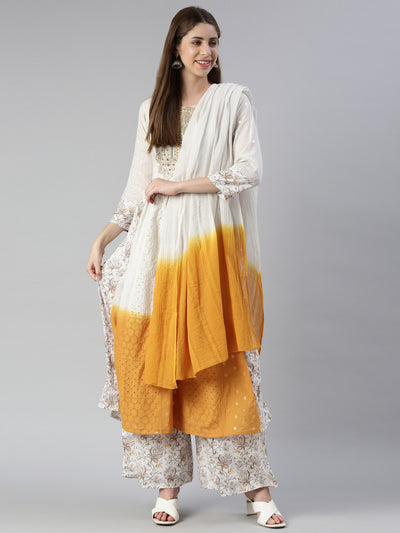 Neeru's Women Off White Yoke Design Knee Length Kurta And Palazzos With Dupatta