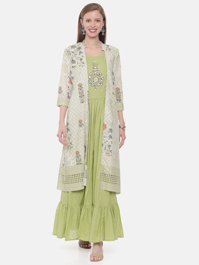 Neeru's Green Embellished A Line Kurta With Shrug