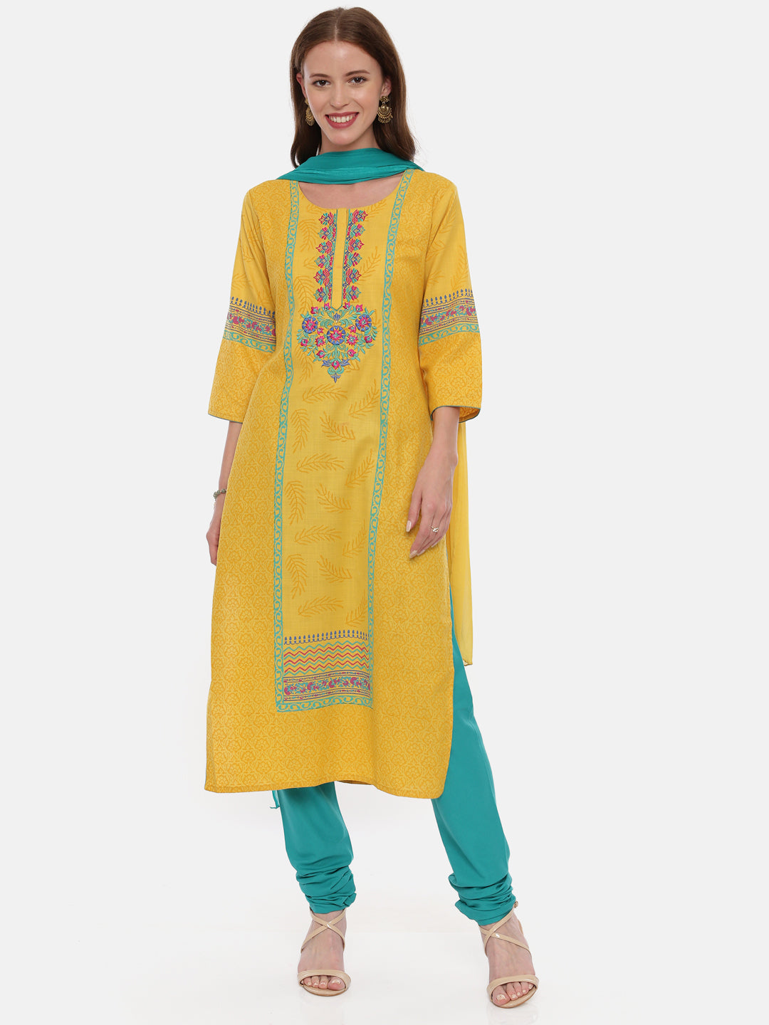 Neeru's Mustard & Blue Embroidered Kurta With Churidar & Dupatta