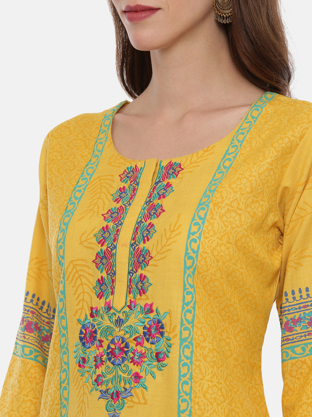 Neeru's Mustard & Blue Embroidered Kurta With Churidar & Dupatta