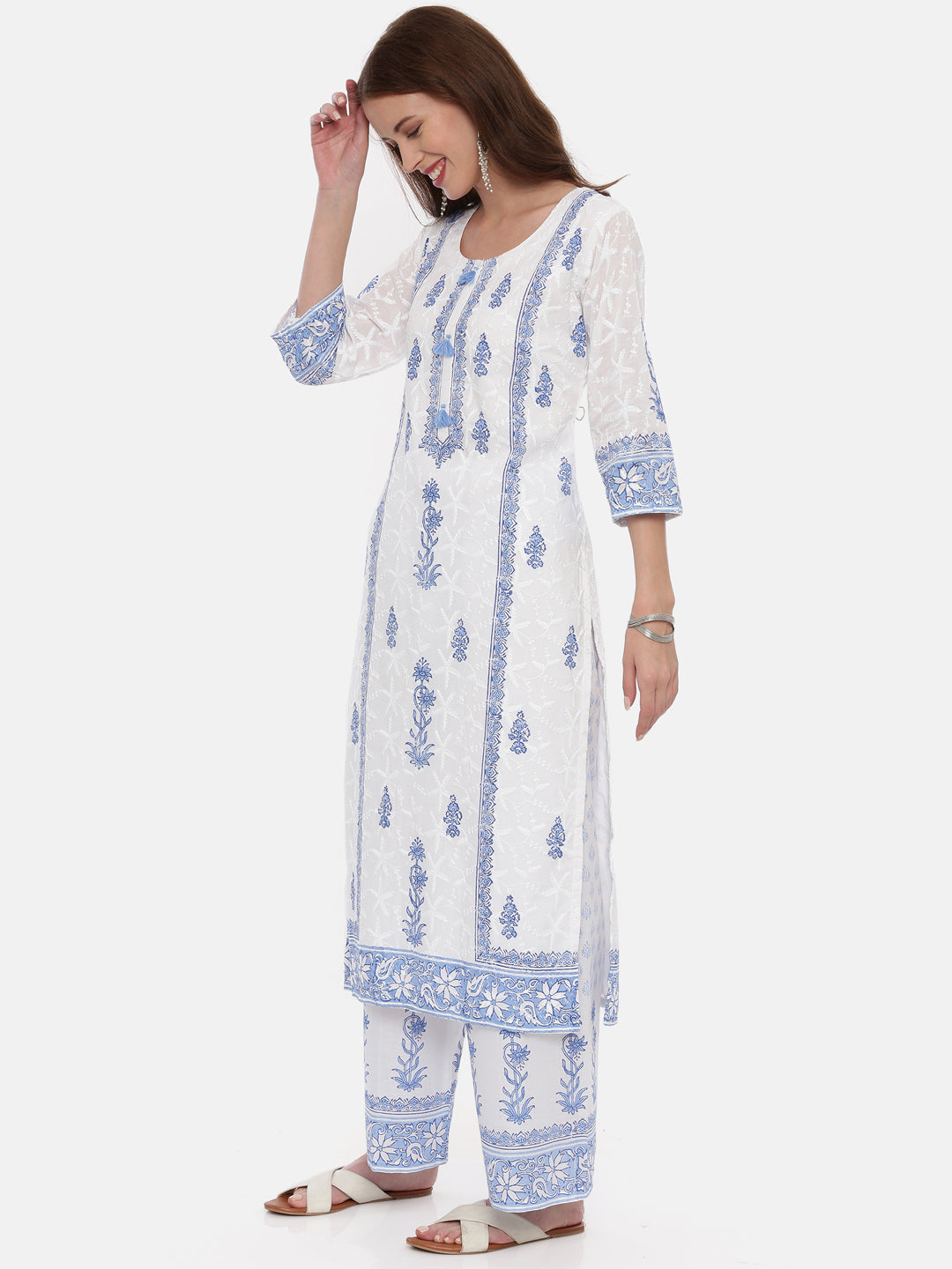 Neeru's White Color Cotton Fabric Full Sleeves Suit-Straight