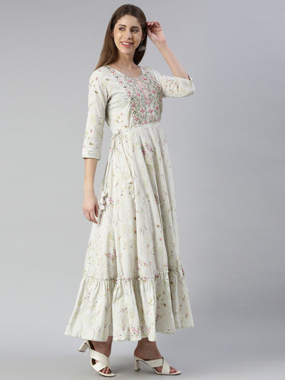 Neeru's Off White Maxi Casual Printed Dresses
