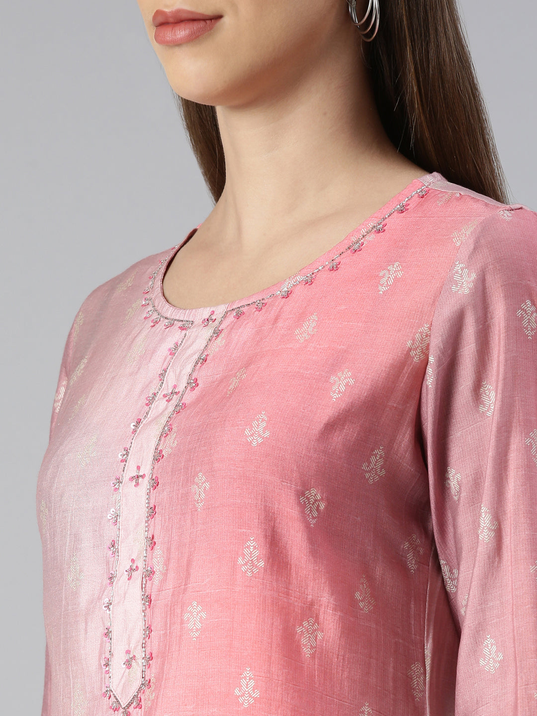 Neeru's Women Rose Pink Printed Knee Length Kurta And Trousers With Dupatta