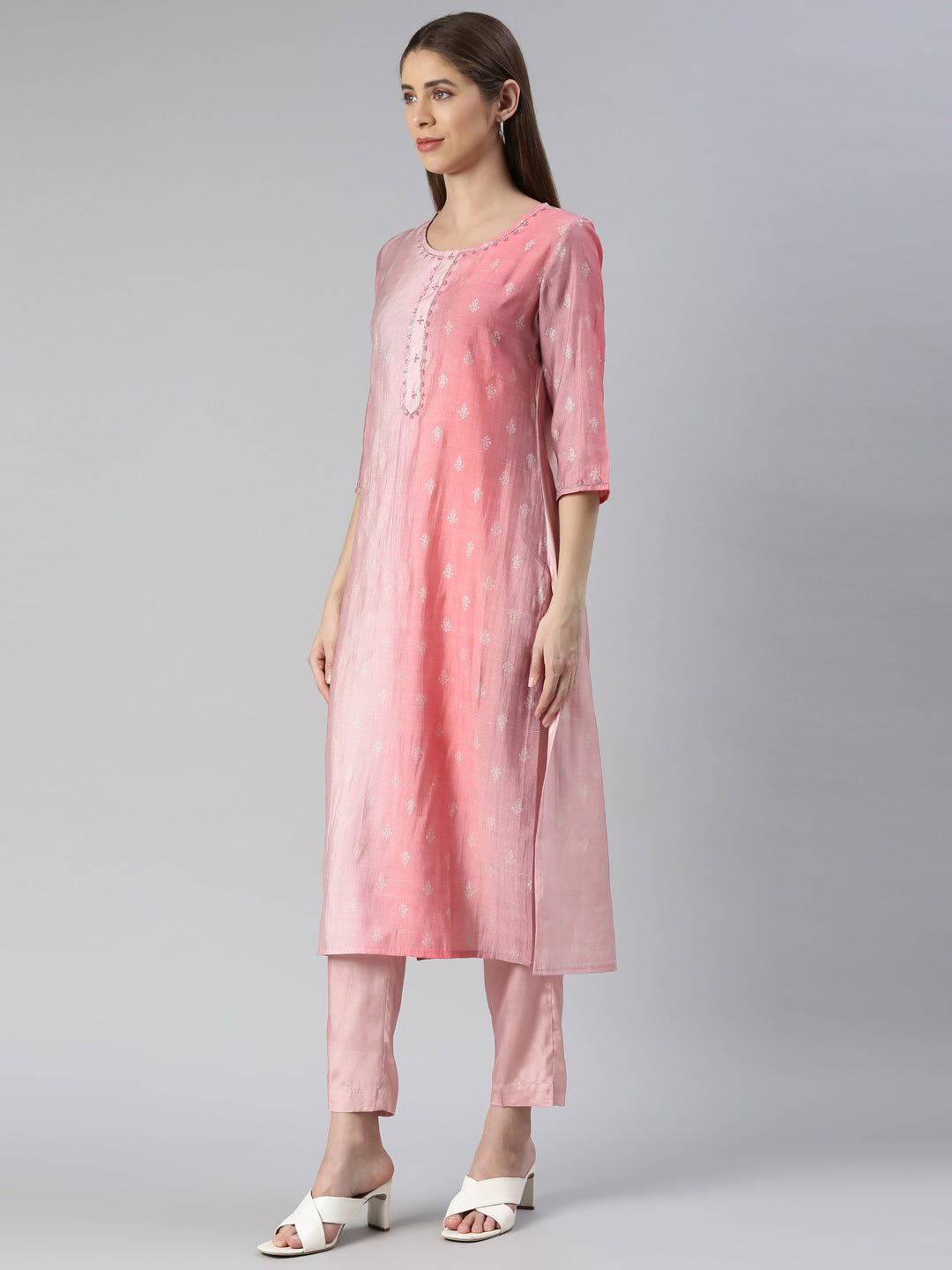 Neeru's Women Rose Pink Printed Knee Length Kurta And Trousers With Dupatta