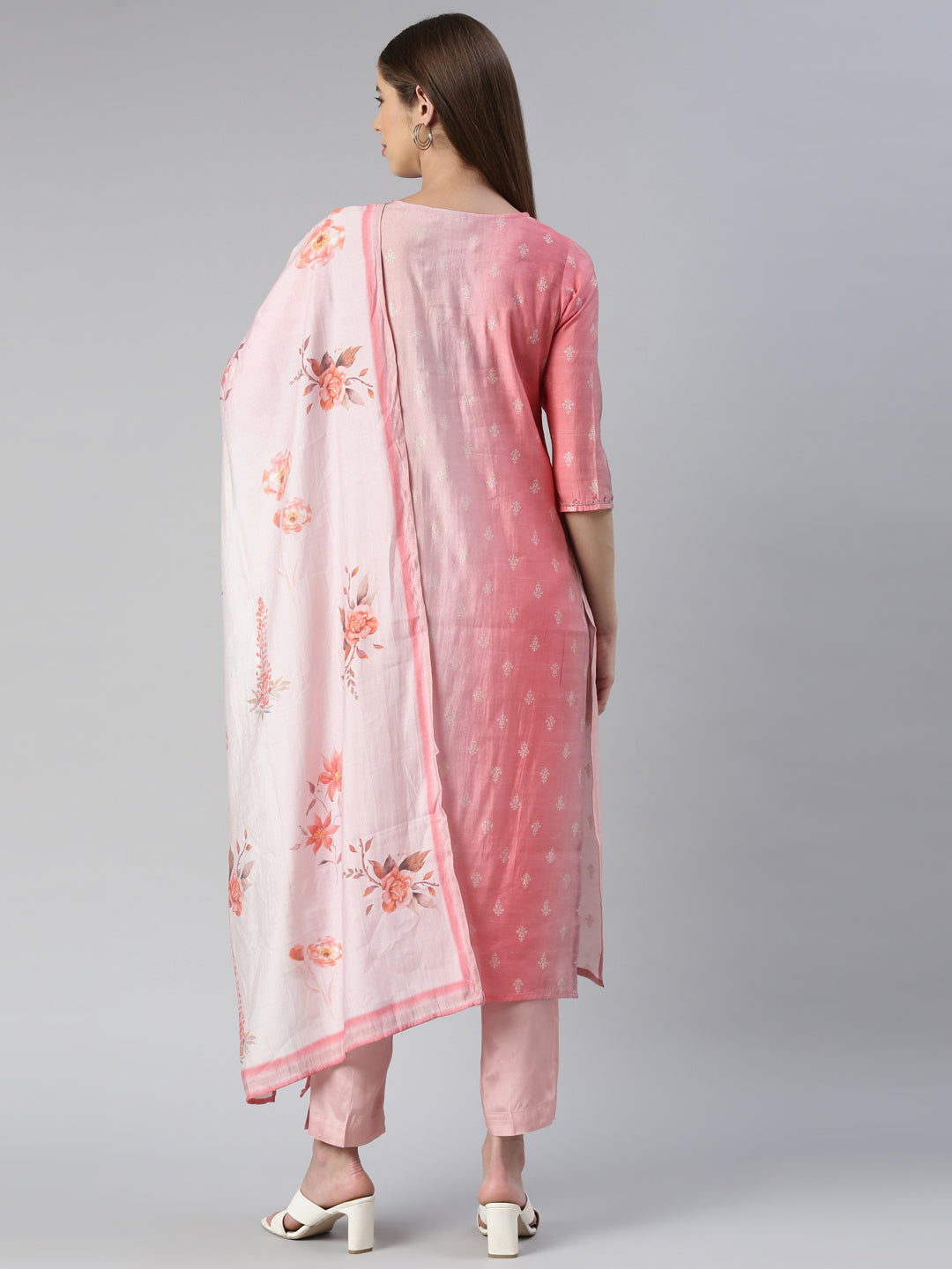 Neeru's Women Rose Pink Printed Knee Length Kurta And Trousers With Dupatta