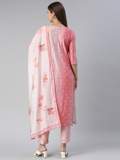 Neeru's Women Rose Pink Printed Knee Length Kurta And Trousers With Dupatta