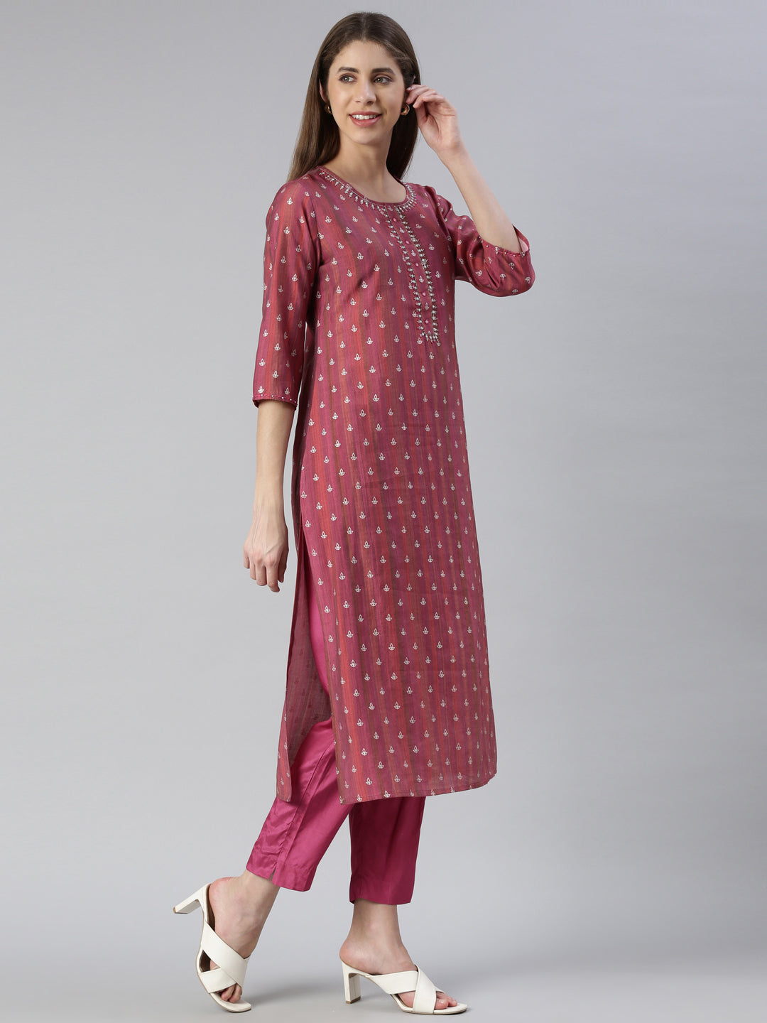 Neeru's Women Magenta Yoke Design Knee Length Kurta And Trousers With Dupatta