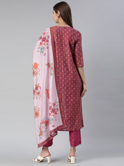 Neeru's Women Magenta Yoke Design Knee Length Kurta And Trousers With Dupatta