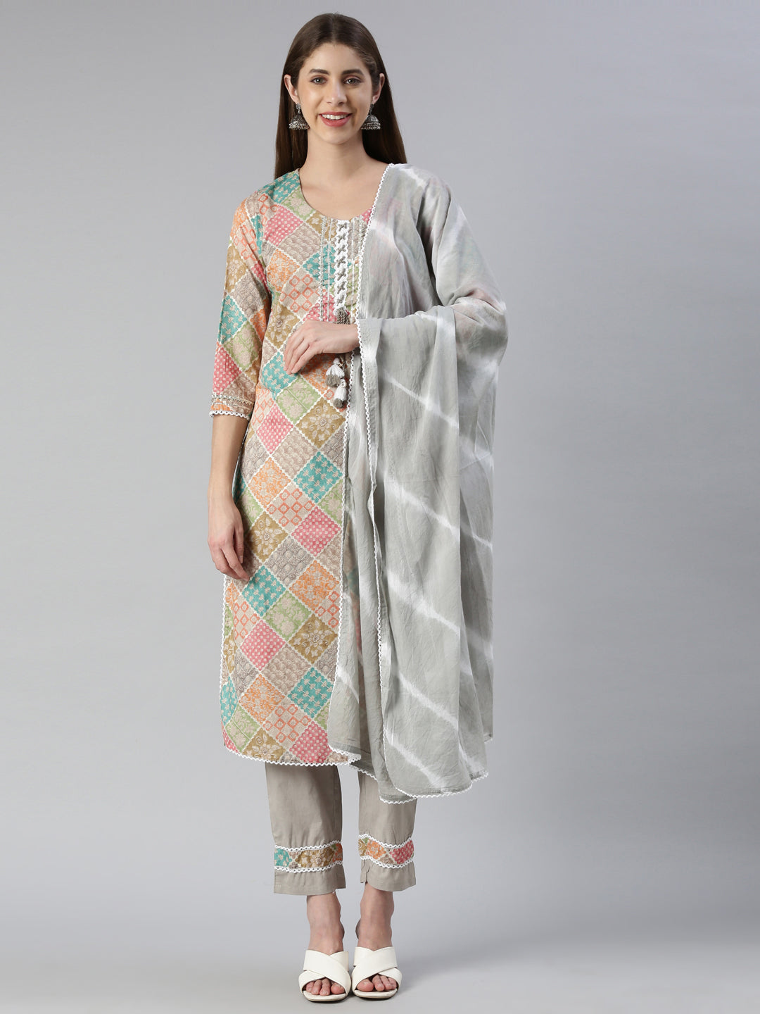 Neeru's Women Printed Printed Calf Length Kurta And Trousers With Dupatta