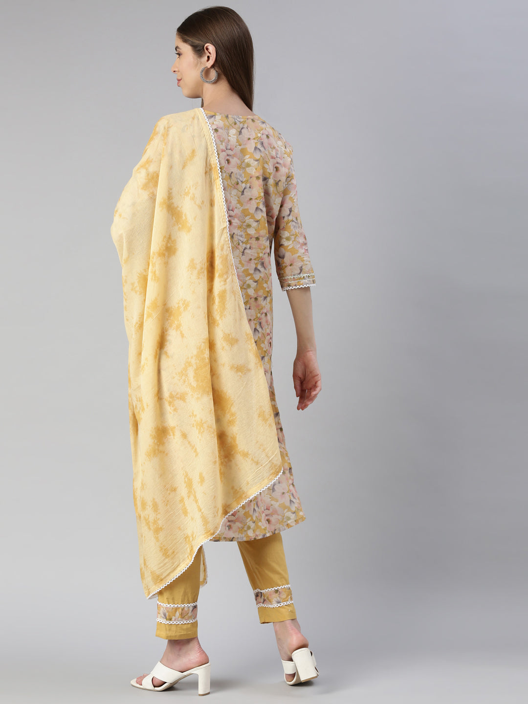 Neeru's Women Yellow Printed Calf Length Kurta And Trousers With Dupatta