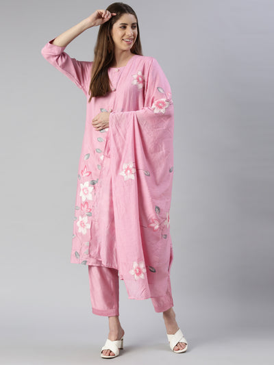 Neeru's Women Rose Pink Printed Calf Length Kurta And Trousers With Dupatta