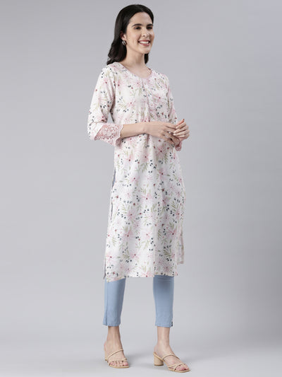 Neeru's Off White Straight Printed Cotton Kurtas