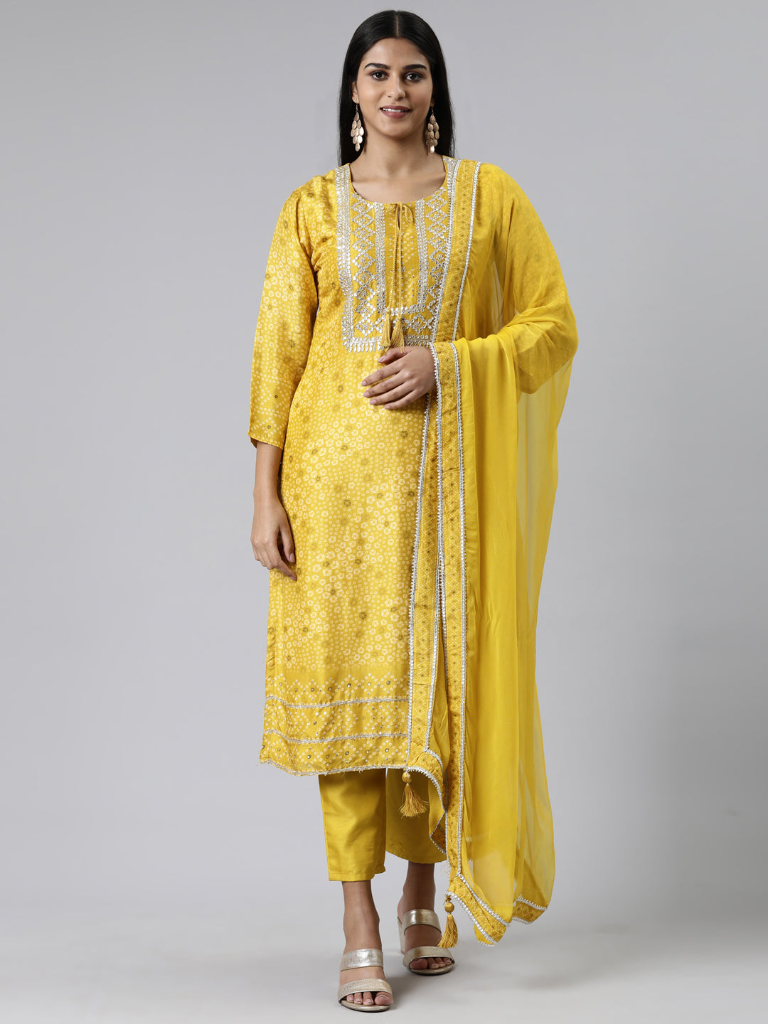 Neeru's Mustard Regular Calf Length Printed Kurta Solid Trousers With Dupatta